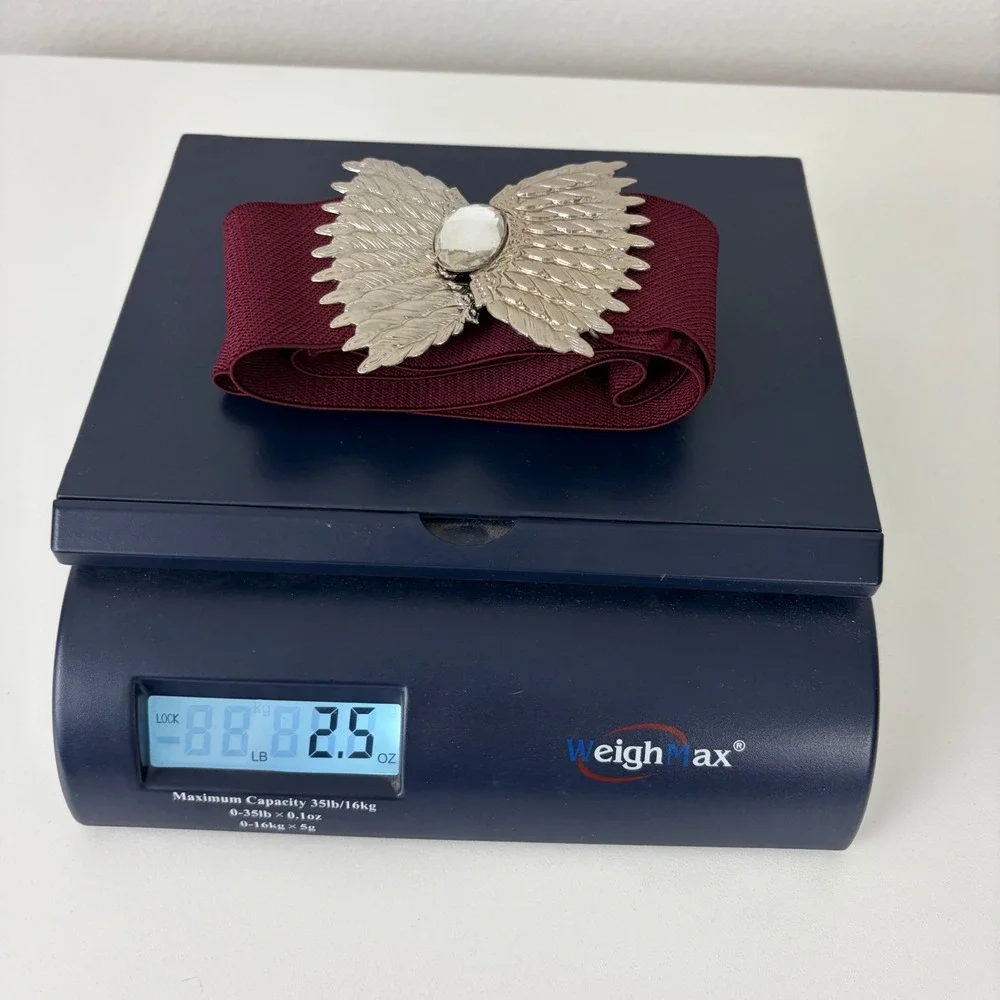 Vintage Burgundy Elastic Cinch Belt Silver Angel Wing Crystal Buckle M/L